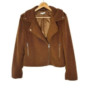 MAX STUDIO Women Brown Teddy Fleece Moto Jacket Size L